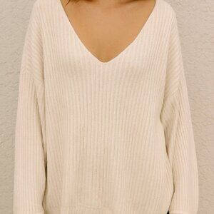 Nations LTD V Neck Balloon Sleeve Ribbed Cream Knit Sweater Top Large